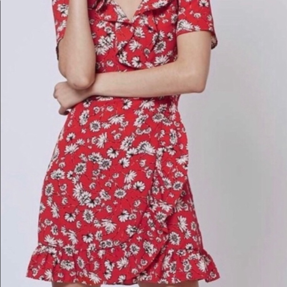 Topshop Red Wrap Dress with Floral Pattern and Ruffle Detail.